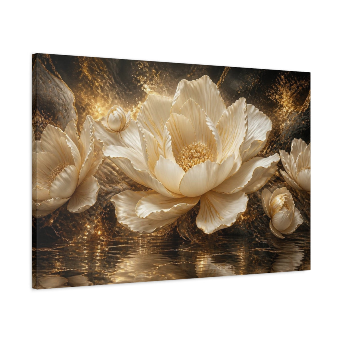 Main Mockup. Sculptural Golden Bloom shown as canvas print