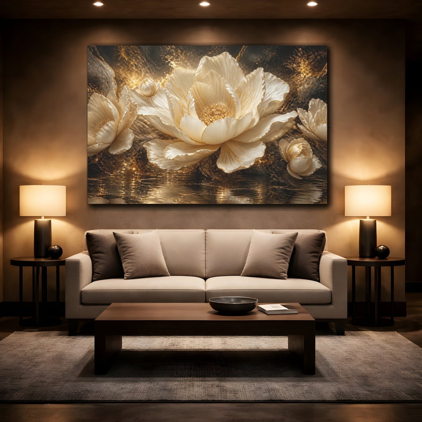 Mockup 2. Sculptural Golden Bloom shown as canvas print