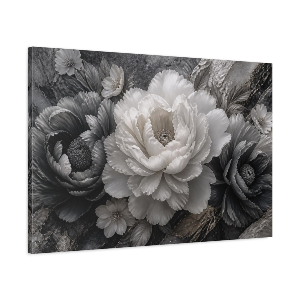 Main Mockup. Sculptural Monochrome Peony shown as canvas print