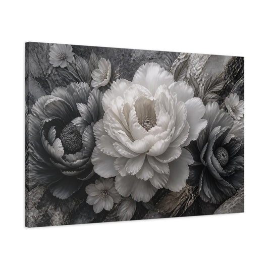 Main Mockup. Sculptural Monochrome Peony shown as canvas print