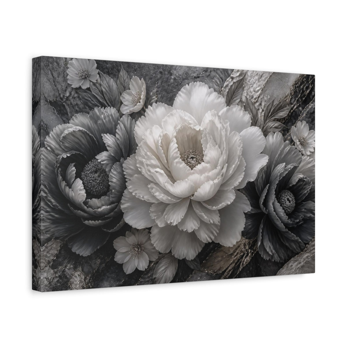 Side Mockup 4. Sculptural Monochrome Peony shown as canvas print