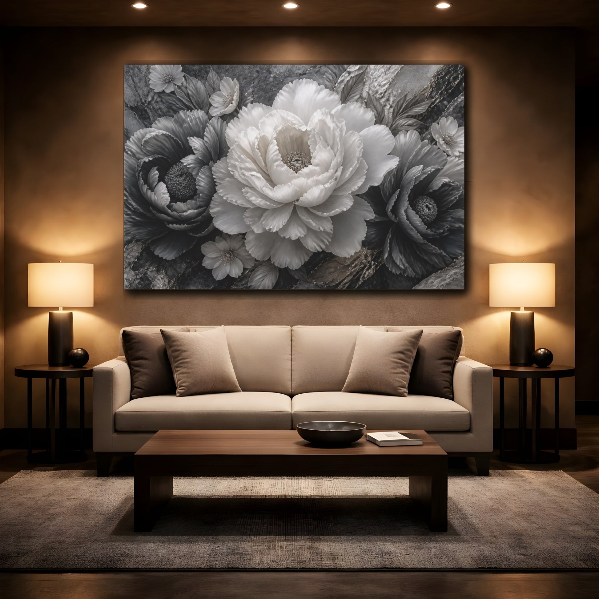 Mockup 2. Sculptural Monochrome Peony shown as canvas print