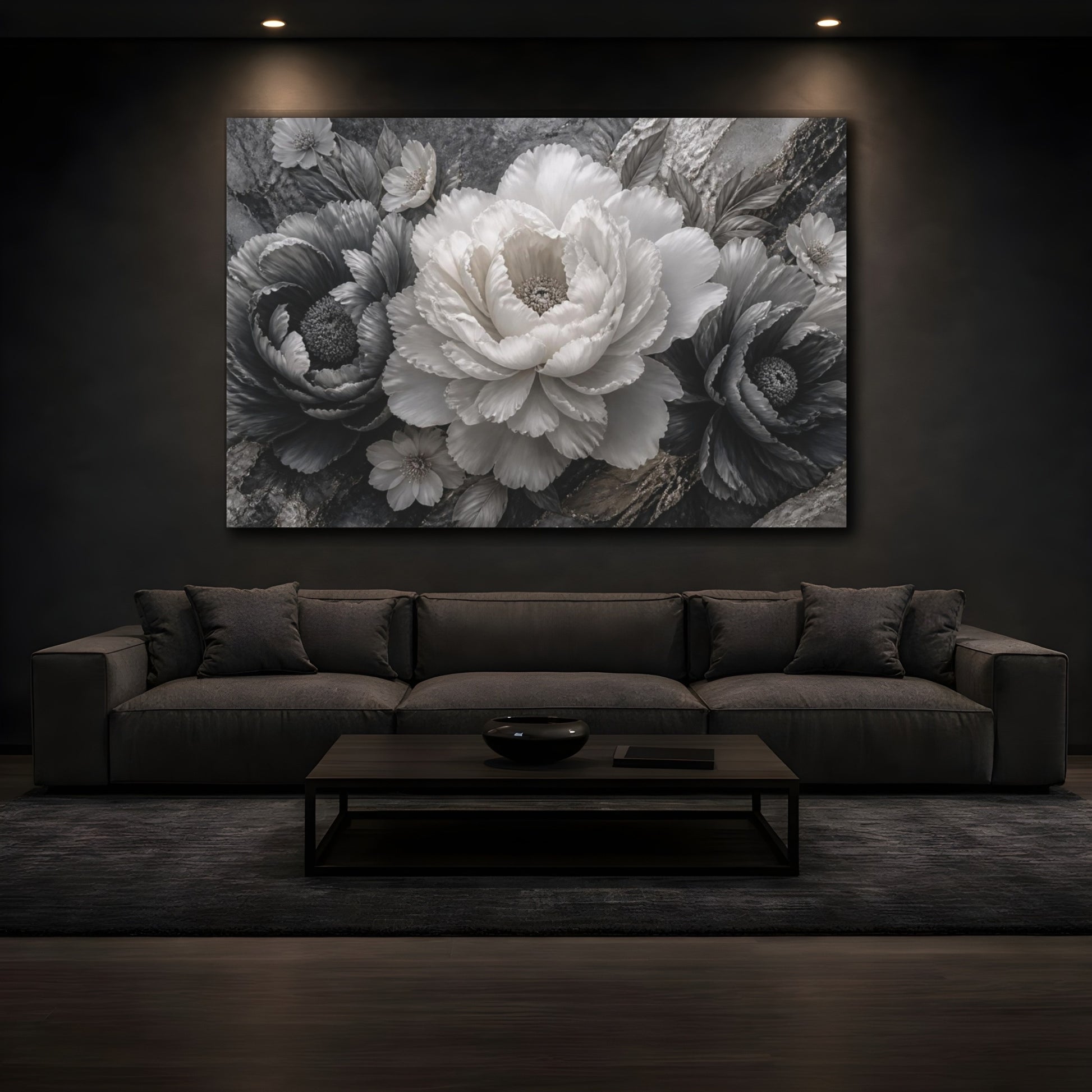 Mockup 3. Sculptural Monochrome Peony shown as canvas print