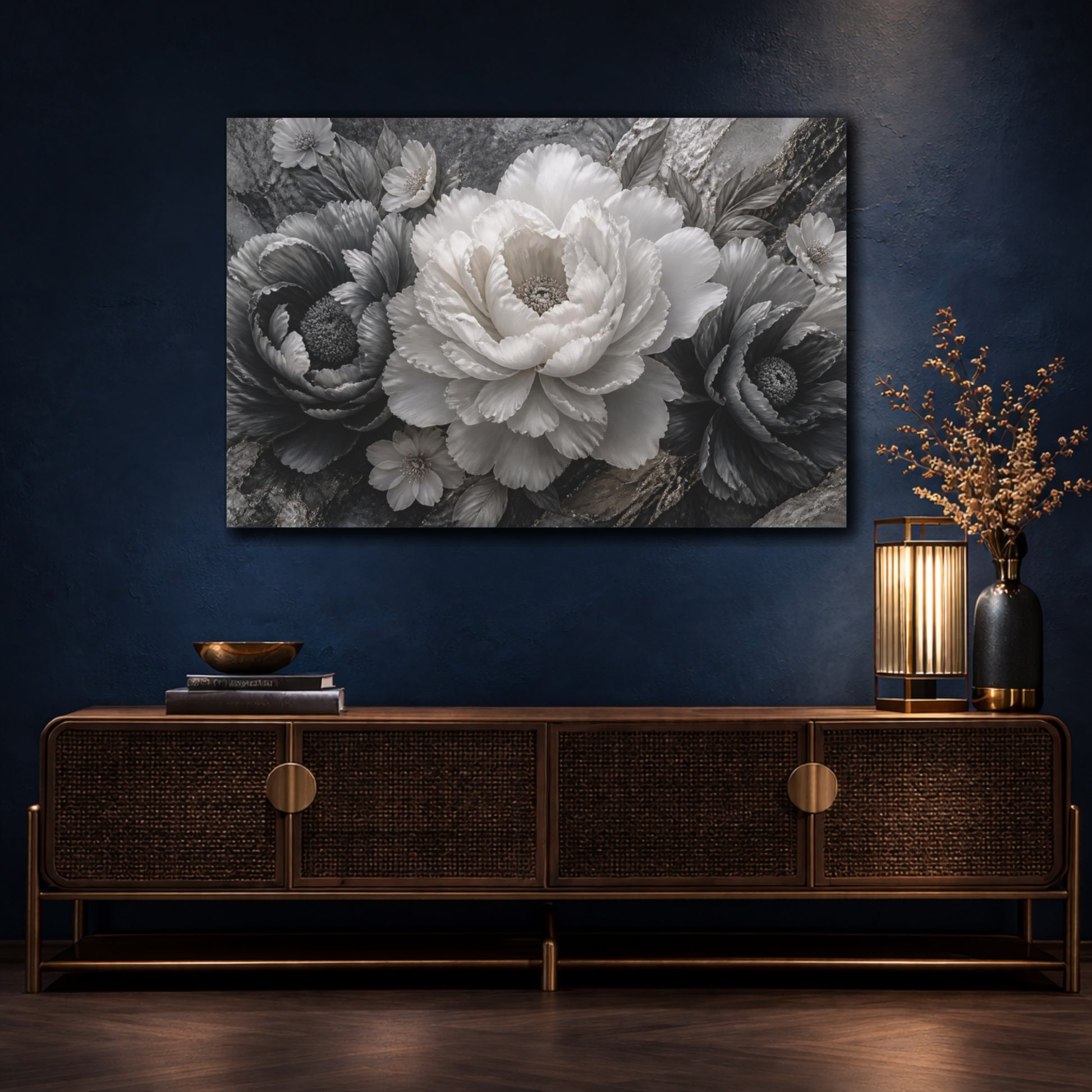Mockup 4. Sculptural Monochrome Peony shown as canvas print