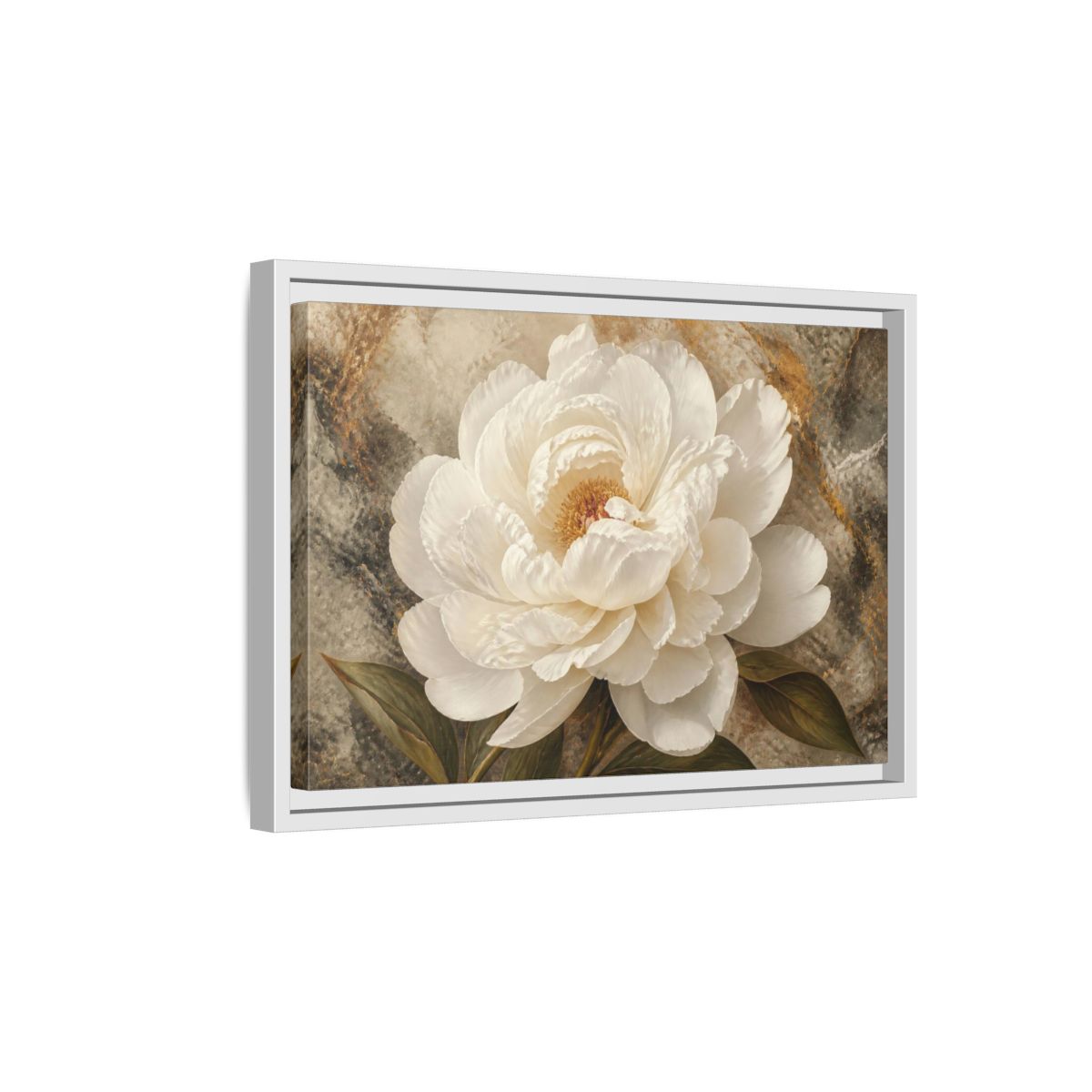 Side Mockup 4. Sculptural White Peony Flower shown as framed canvas print