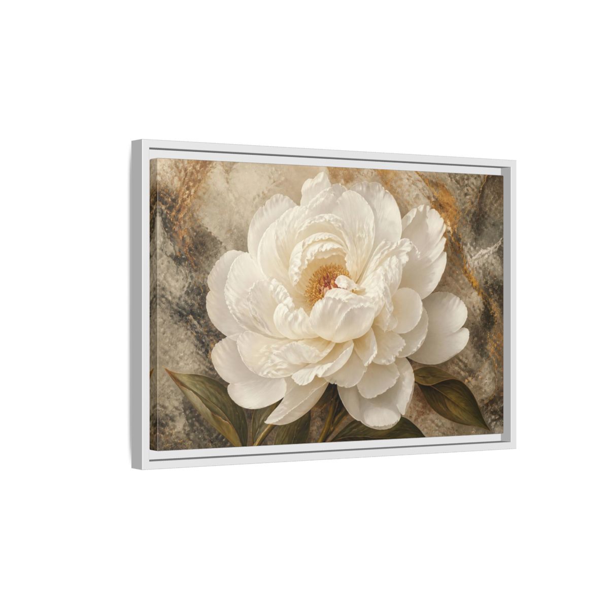 Side Mockup 1. Sculptural White Peony Flower shown as framed canvas print