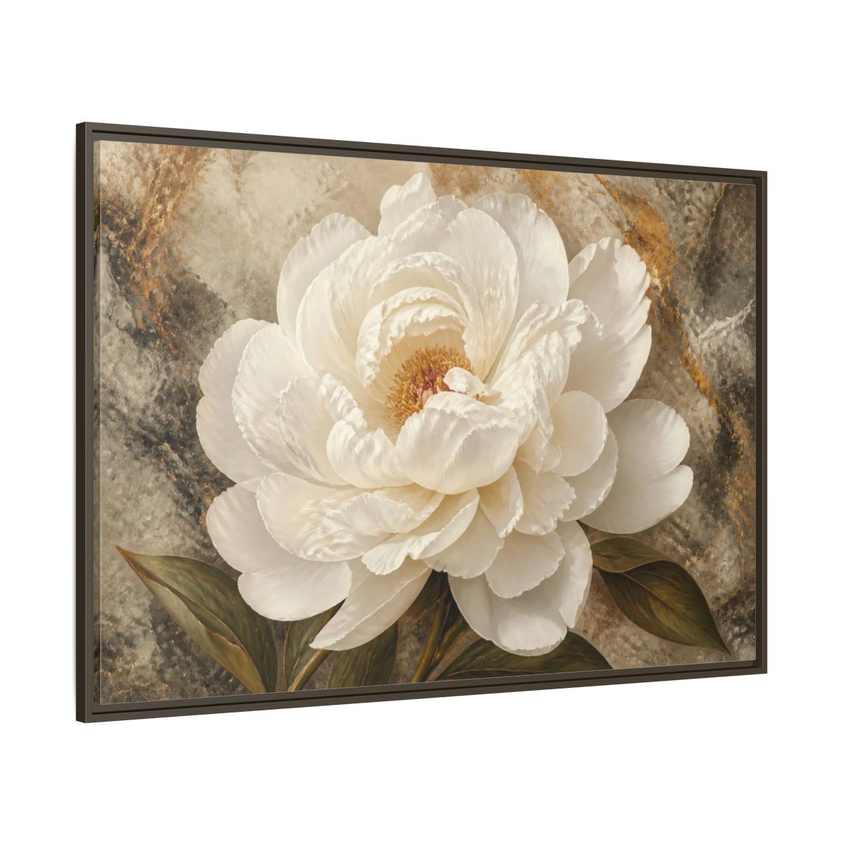Side Mockup 8. Sculptural White Peony Flower shown as framed canvas print