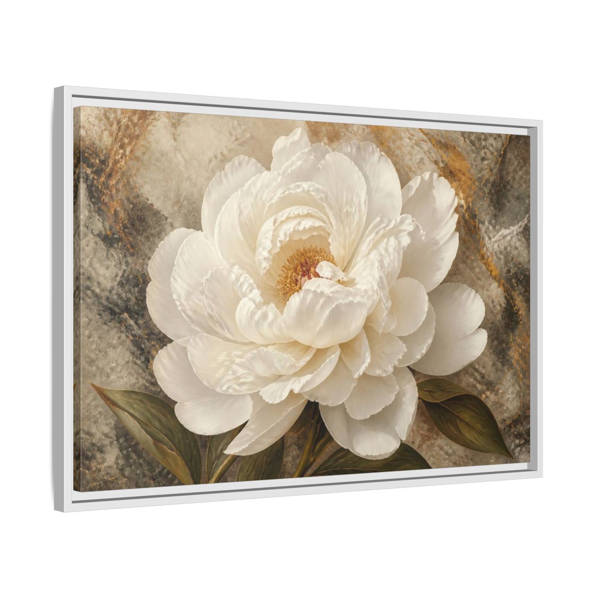 Side Mockup 10. Sculptural White Peony Flower shown as framed canvas print