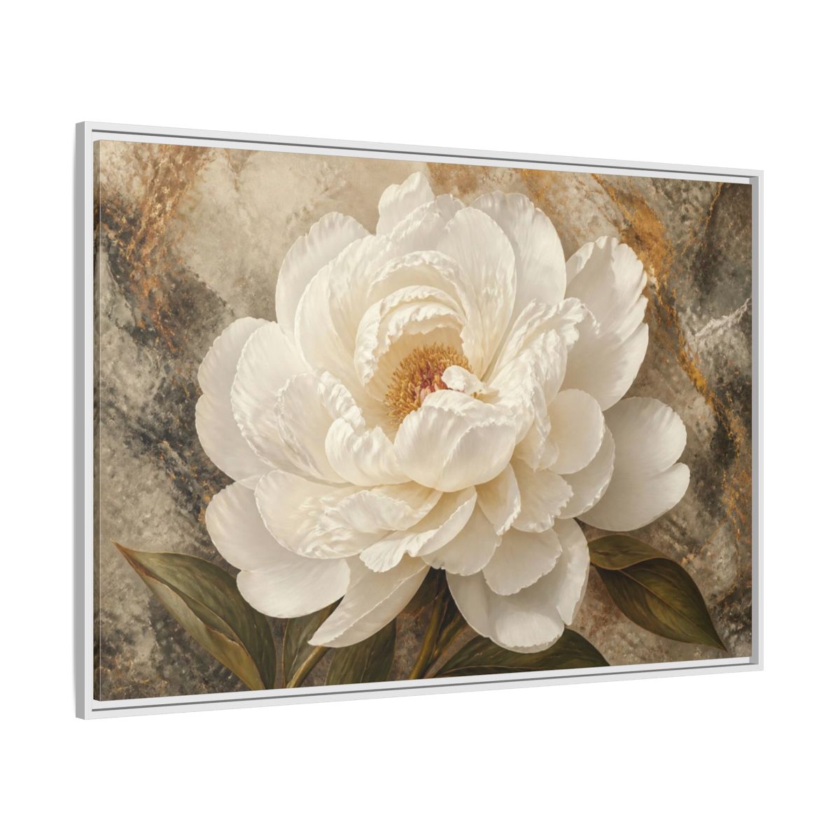 Side Mockup 7. Sculptural White Peony Flower shown as framed canvas print