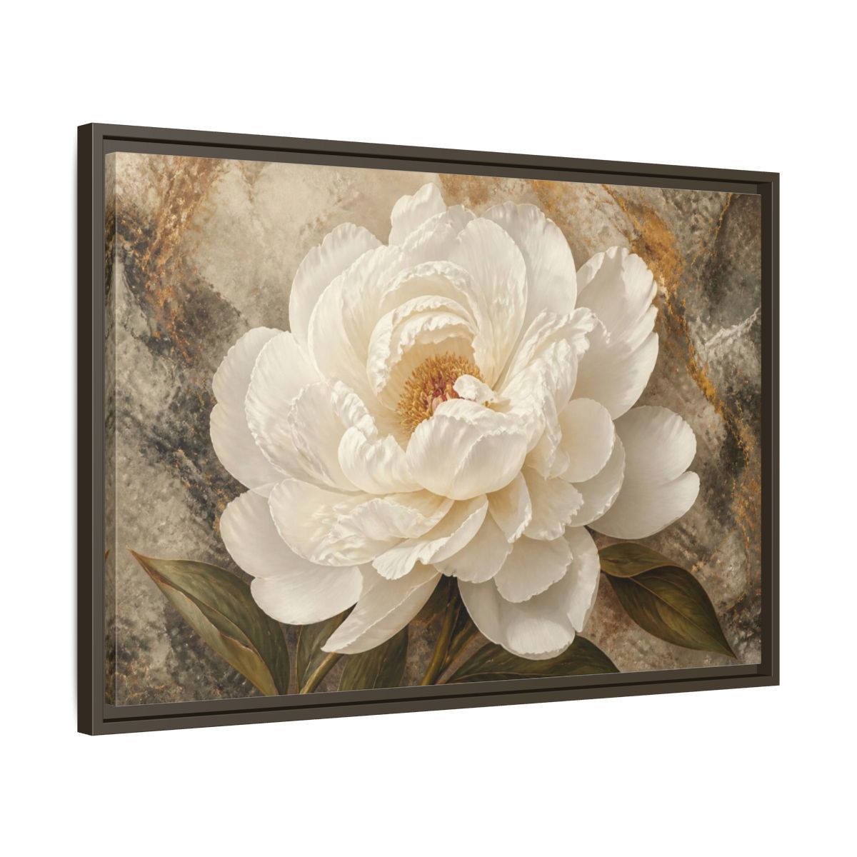 Side Mockup 11. Sculptural White Peony Flower shown as framed canvas print