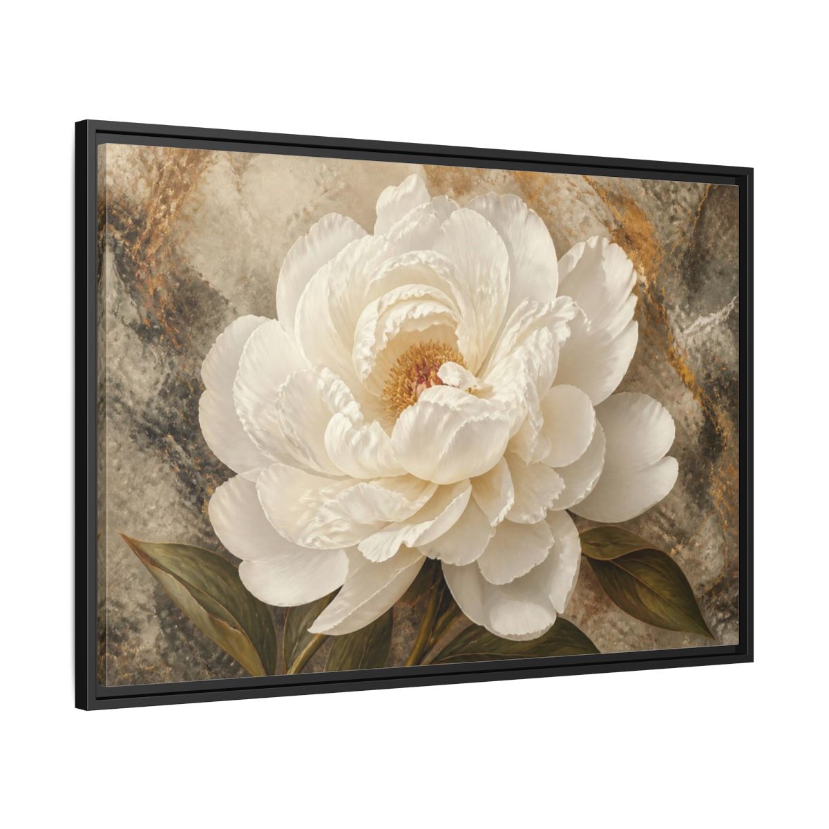 Side Mockup 13. Sculptural White Peony Flower shown as framed canvas print