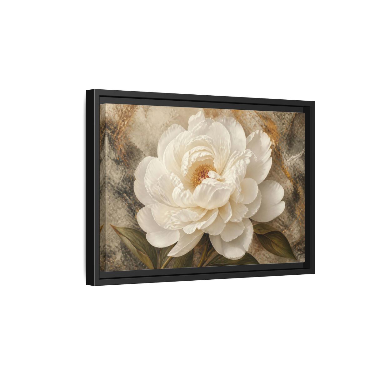 Side Mockup 6. Sculptural White Peony Flower shown as framed canvas print