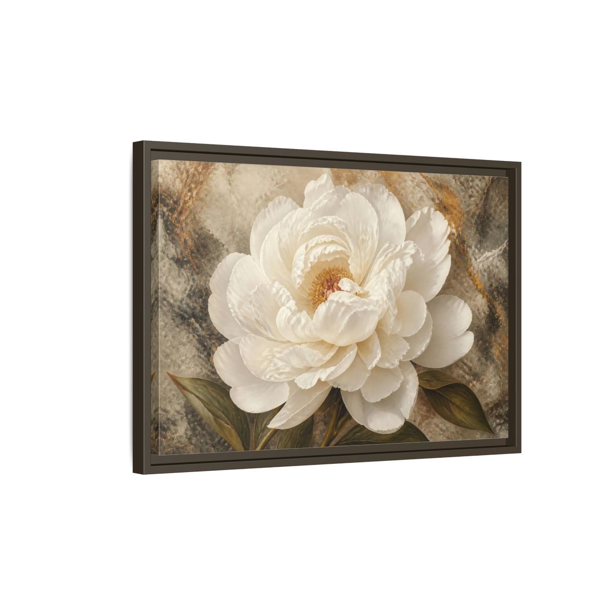 Side Mockup 2. Sculptural White Peony Flower shown as framed canvas print