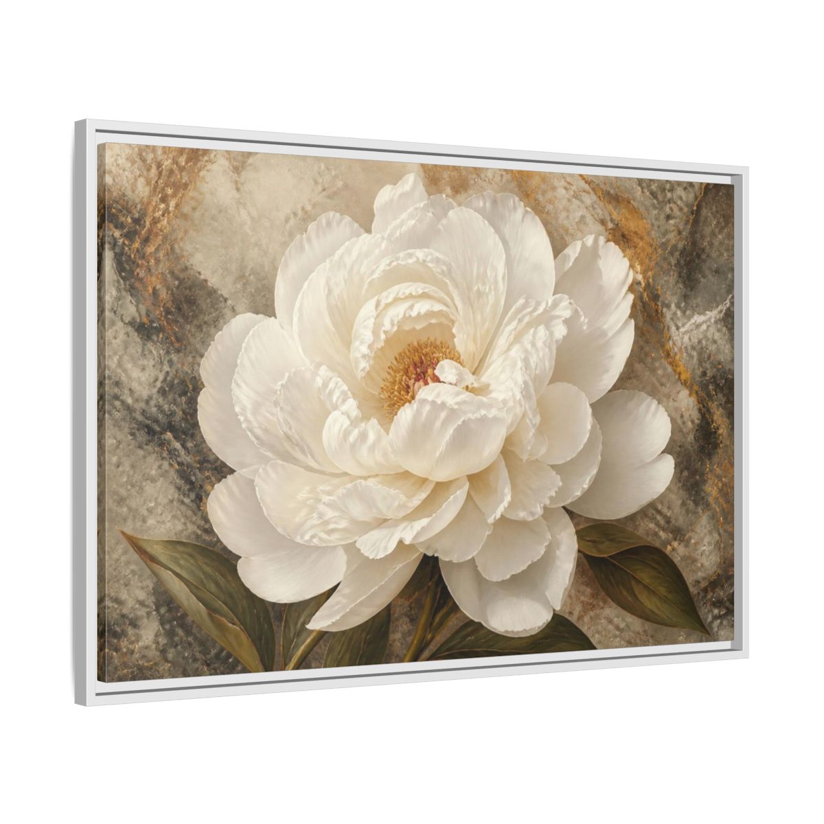 Side Mockup 9. Sculptural White Peony Flower shown as framed canvas print