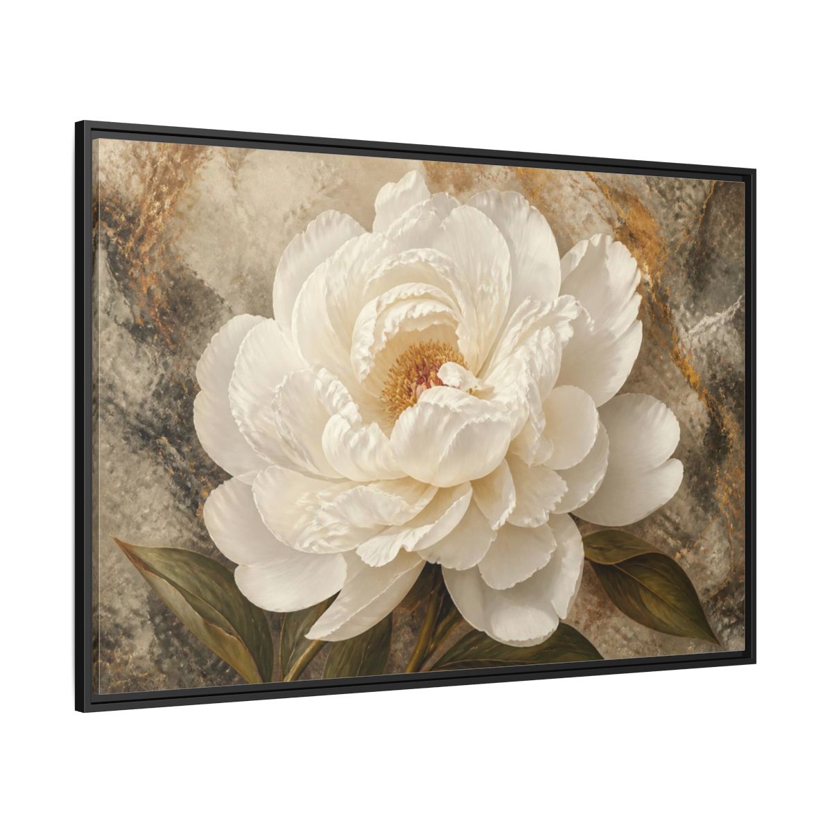 Side Mockup 12. Sculptural White Peony Flower shown as framed canvas print