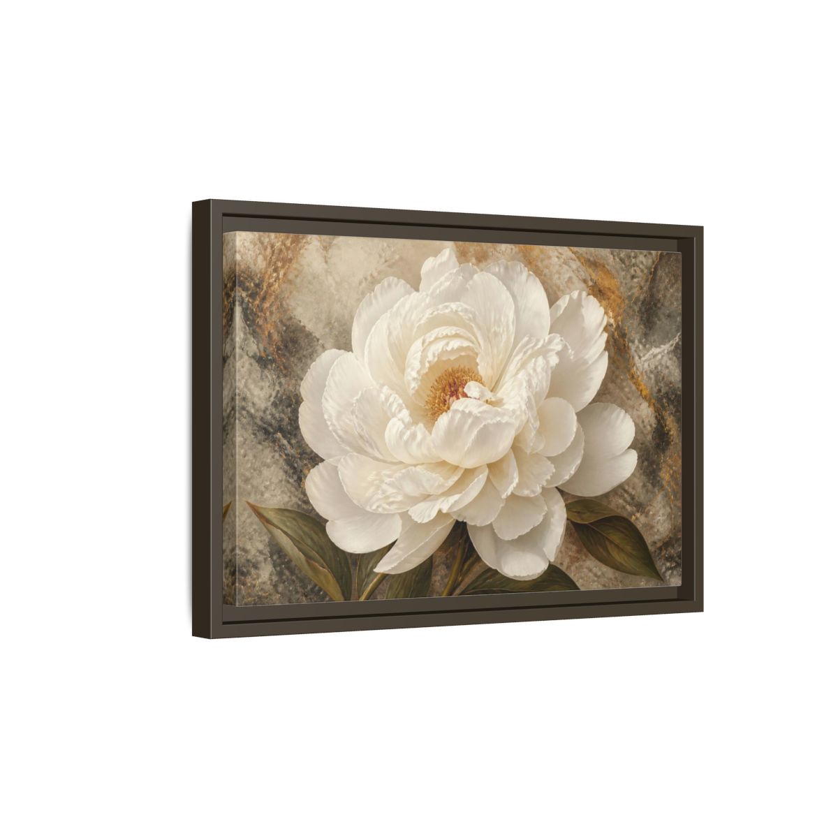 Side Mockup 5. Sculptural White Peony Flower shown as framed canvas print