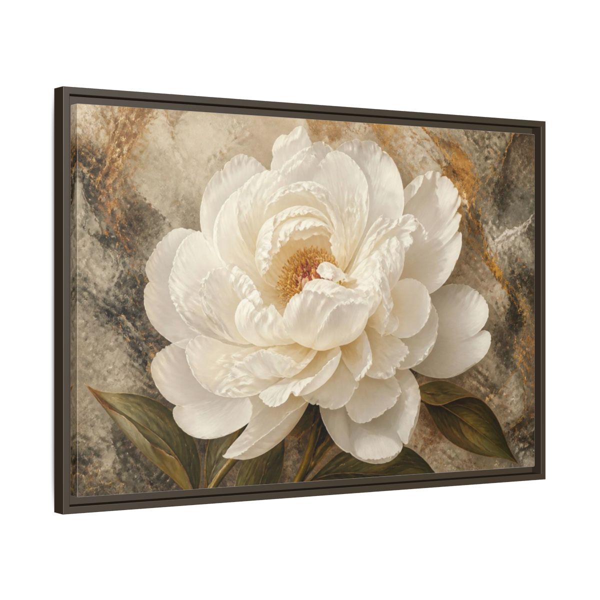 Main Mockup. Sculptural White Peony Flower shown as framed canvas print
