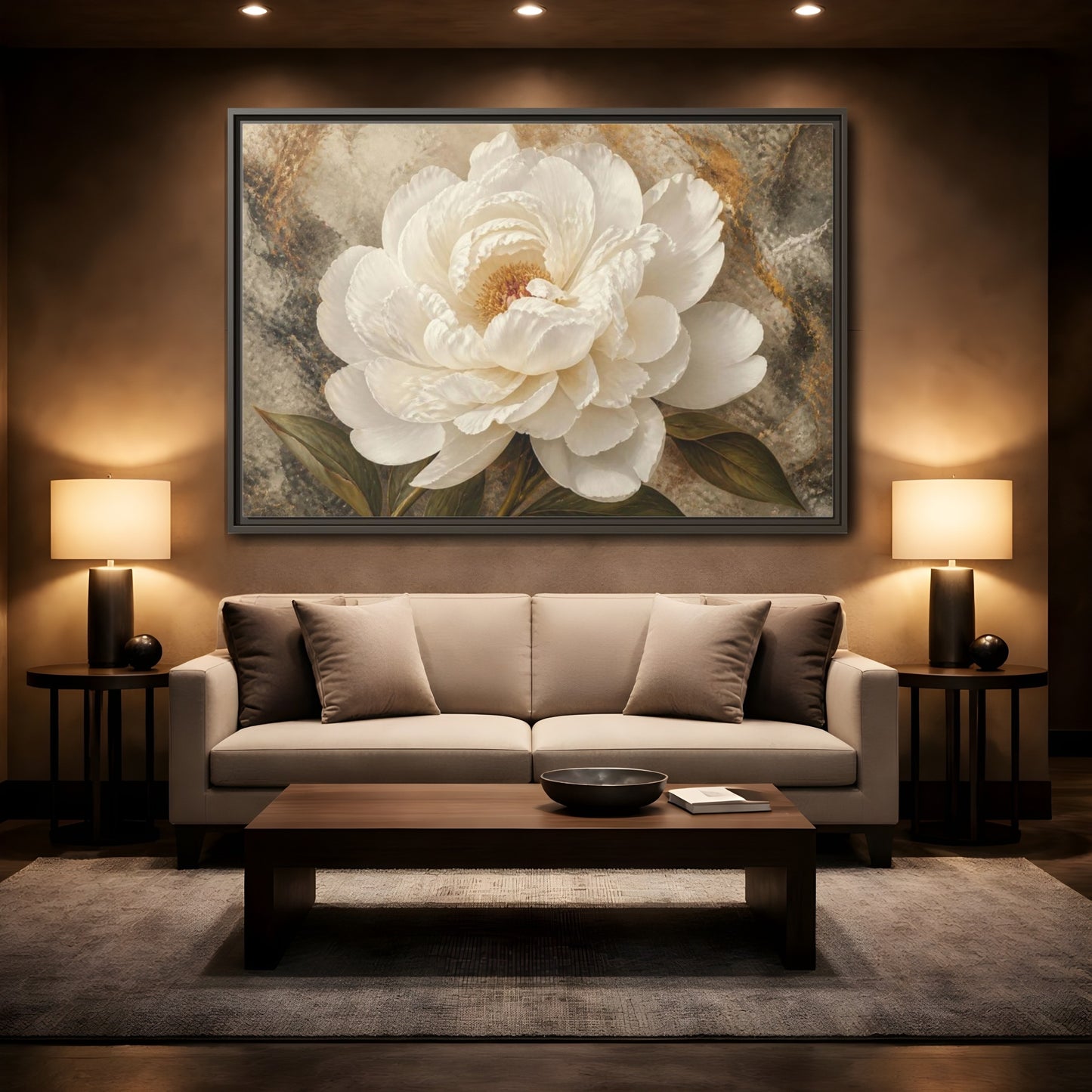 Mockup 2. Sculptural White Peony Flower shown as framed canvas print