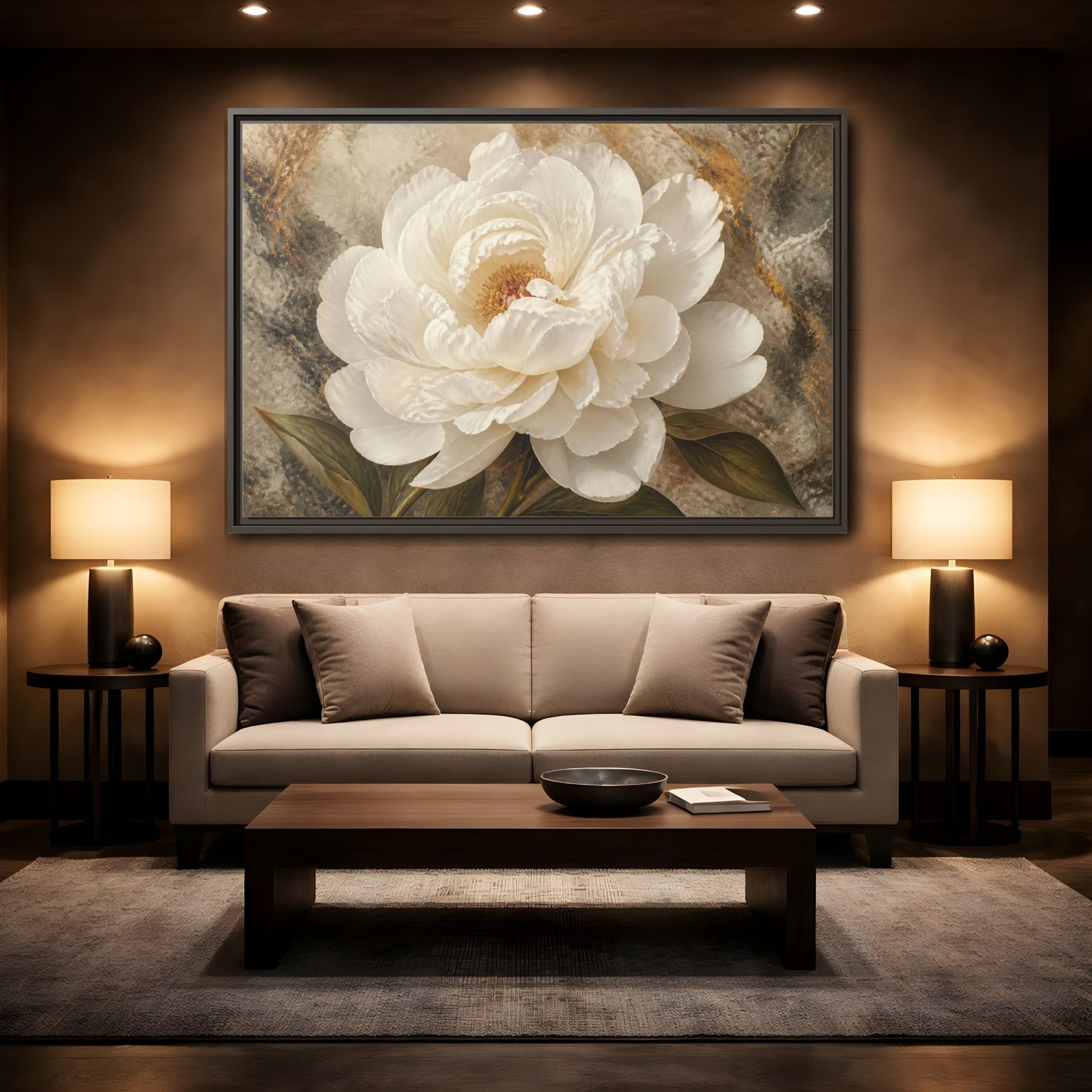 Mockup 2. Sculptural White Peony Flower shown as framed canvas print
