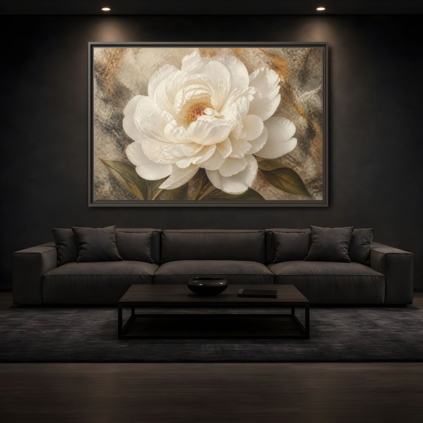 Mockup 3. Sculptural White Peony Flower shown as framed canvas print