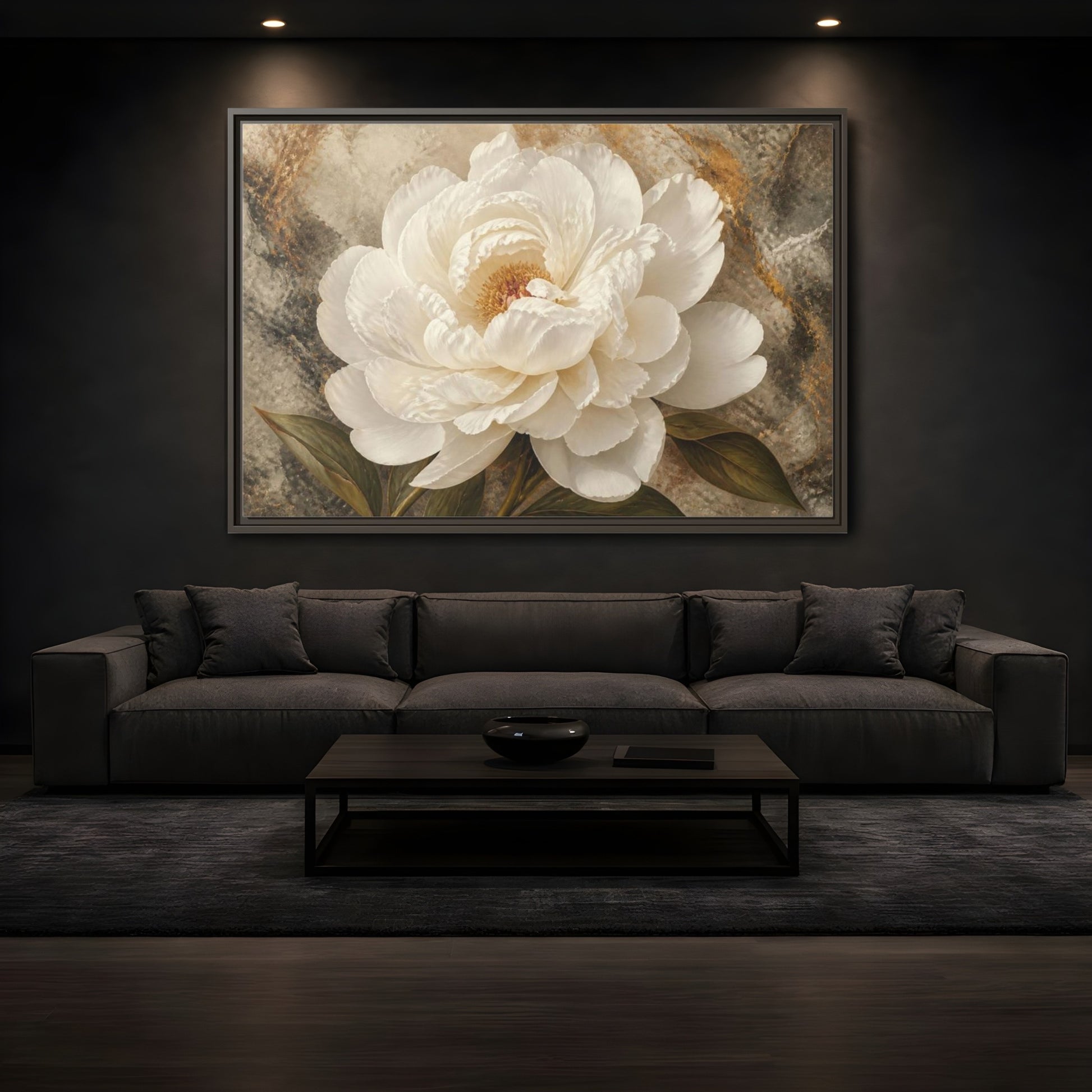 Mockup 3. Sculptural White Peony Flower shown as framed canvas print