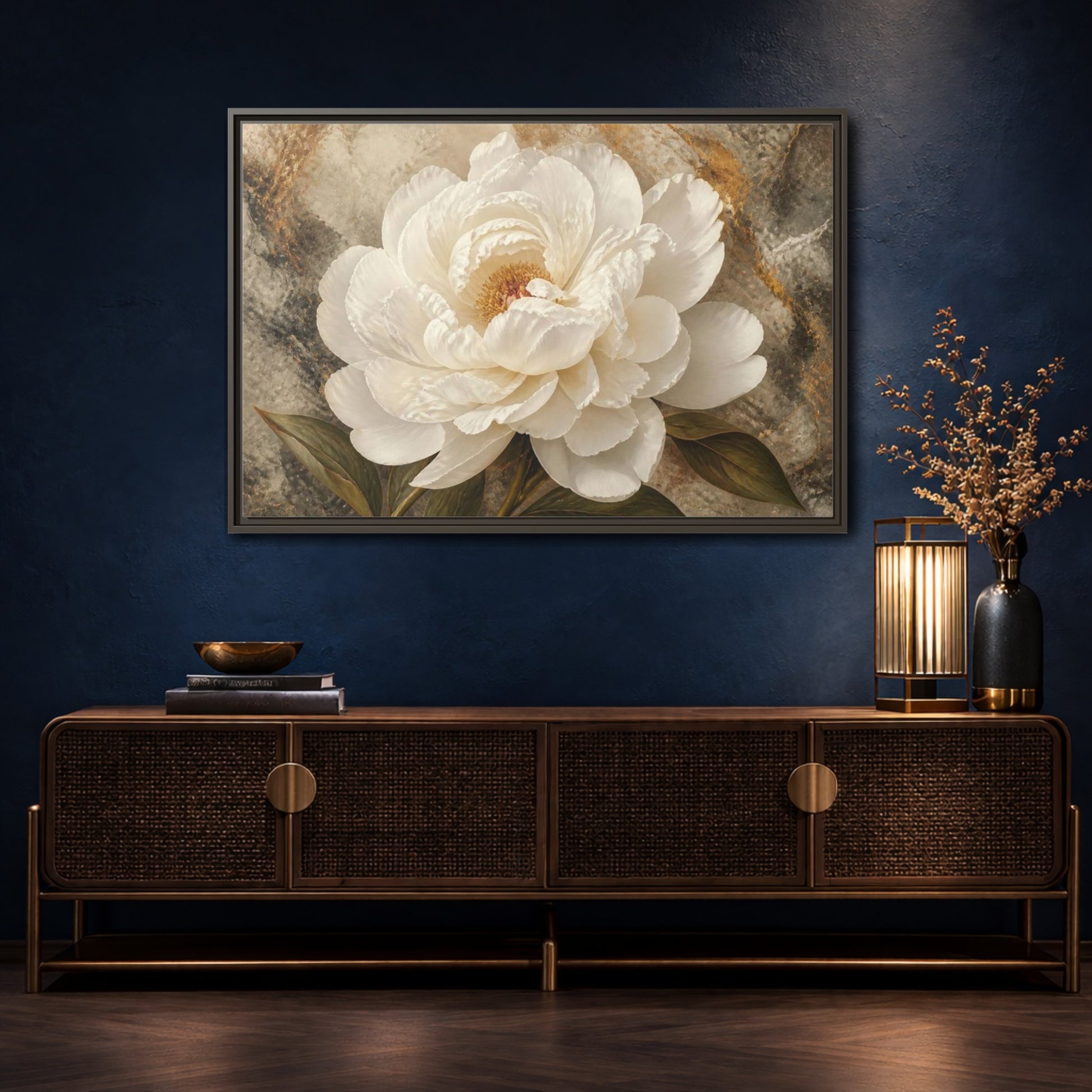 Mockup 4. Sculptural White Peony Flower shown as framed canvas print