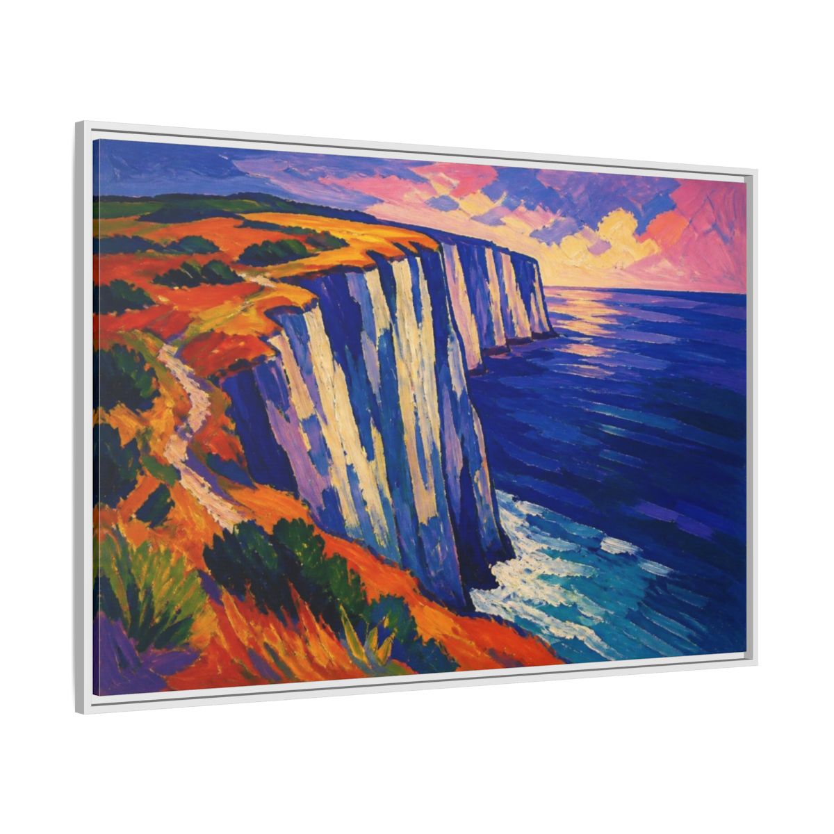 Side Mockup 7. Sea Cliffs Nature Vista shown as framed canvas print