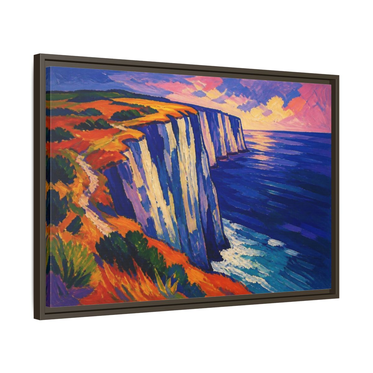 Side Mockup 11. Sea Cliffs Nature Vista shown as framed canvas print