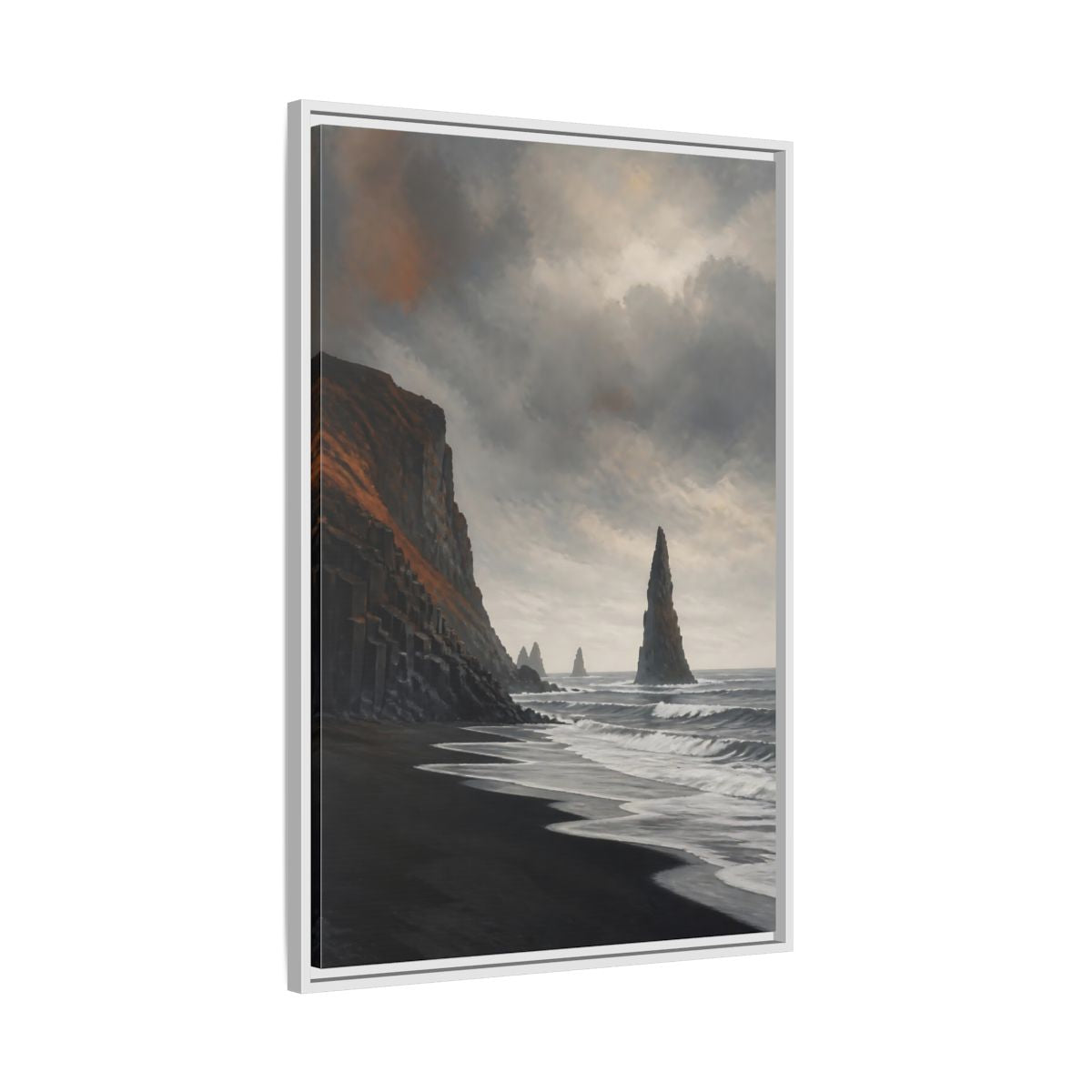 Side Mockup 9. Sea Stack On Black Beach shown as framed canvas print