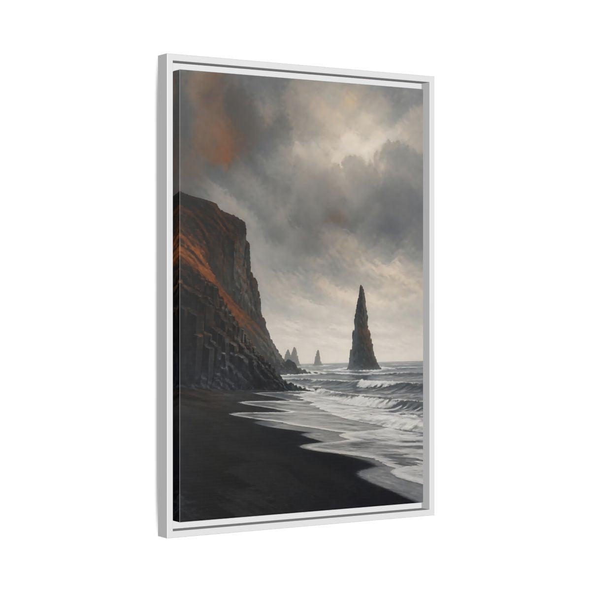 Side Mockup 10. Sea Stack On Black Beach shown as framed canvas print