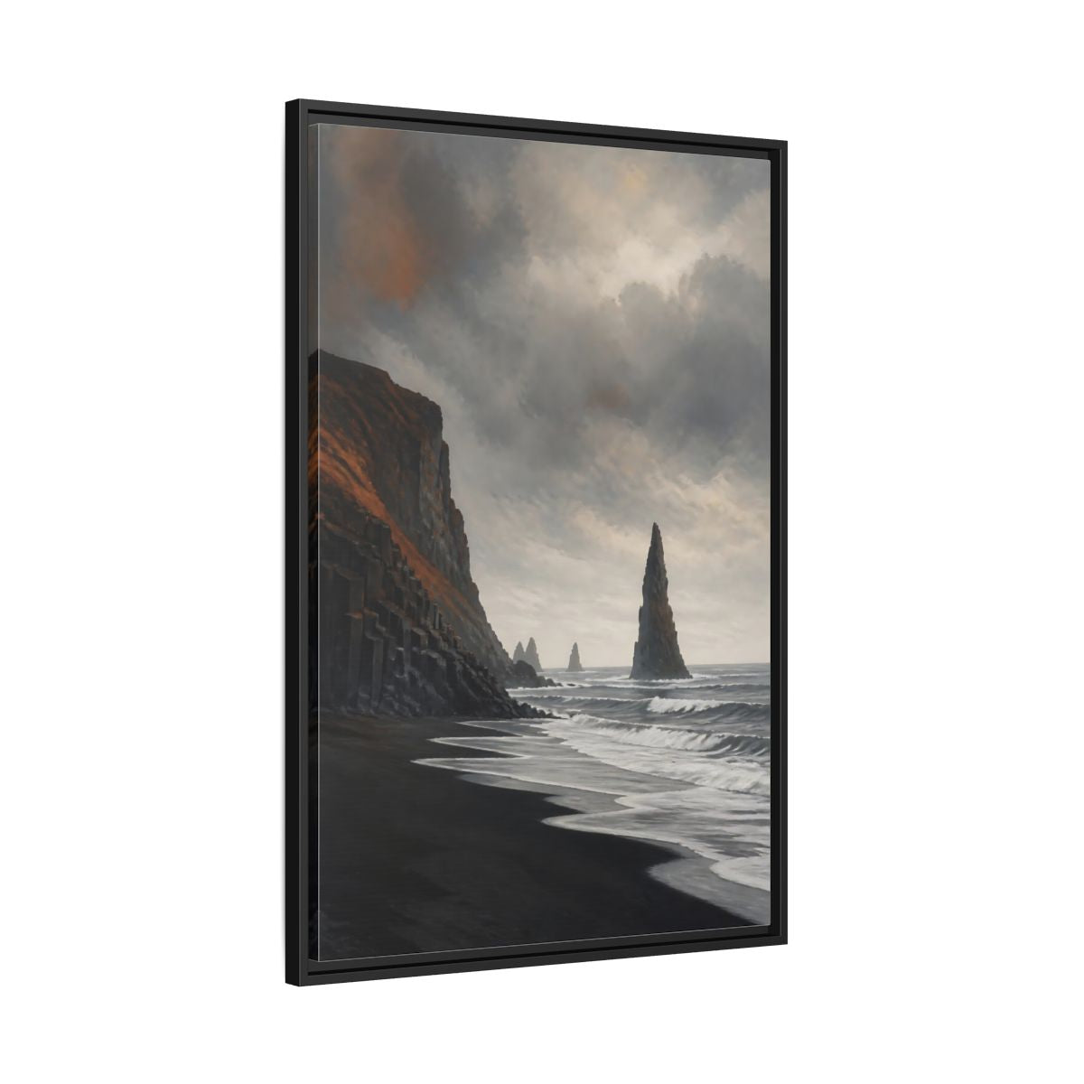 Side Mockup 13. Sea Stack On Black Beach shown as framed canvas print