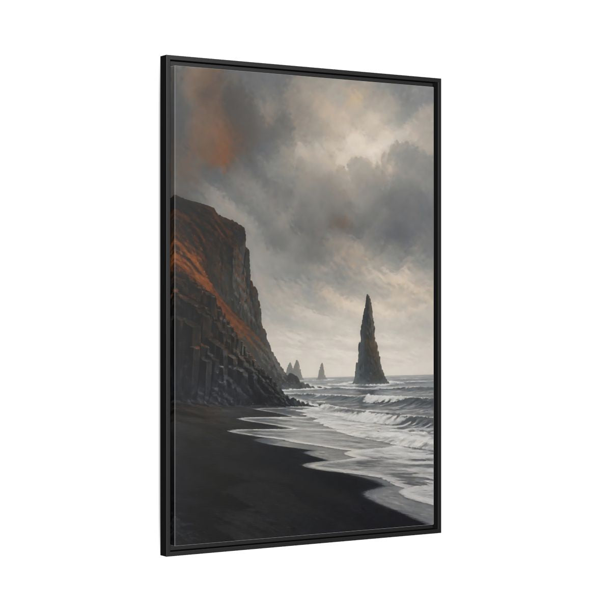 Side Mockup 12. Sea Stack On Black Beach shown as framed canvas print