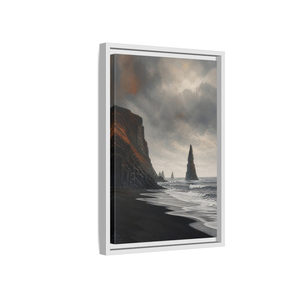Side Mockup 4. Sea Stack On Black Beach shown as framed canvas print
