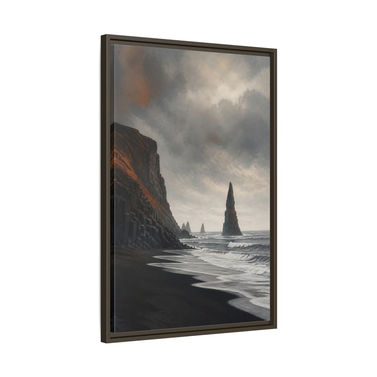Side Mockup 11. Sea Stack On Black Beach shown as framed canvas print
