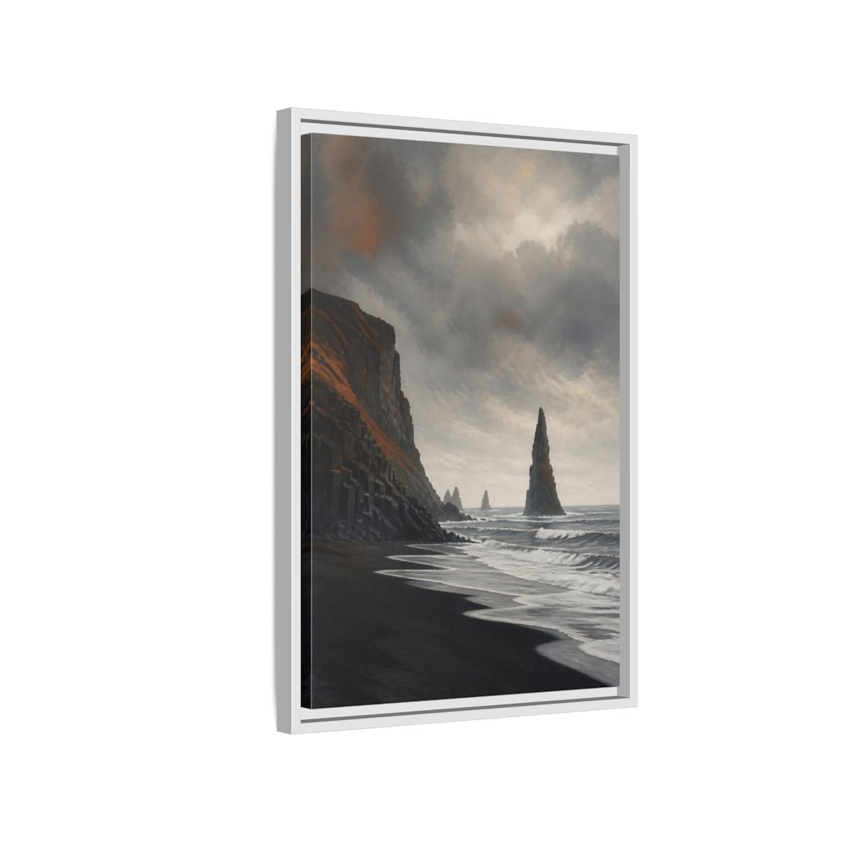 Side Mockup 1. Sea Stack On Black Beach shown as framed canvas print
