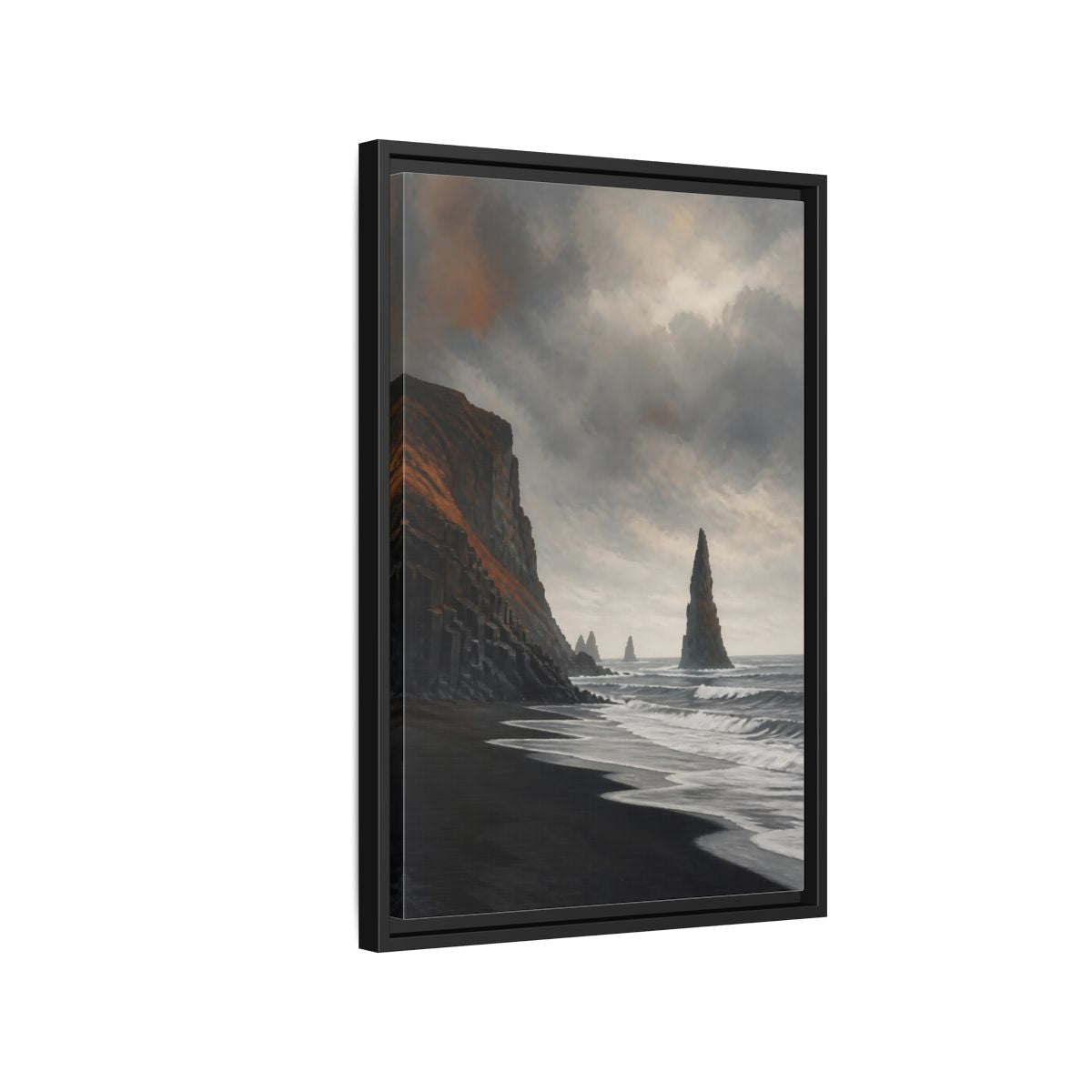 Side Mockup 3. Sea Stack On Black Beach shown as framed canvas print