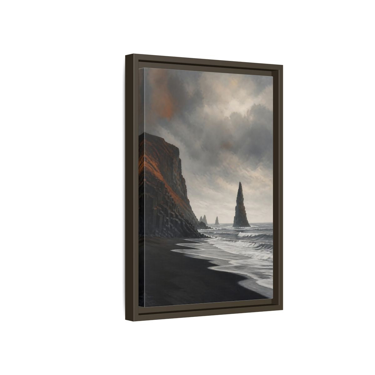 Side Mockup 5. Sea Stack On Black Beach shown as framed canvas print