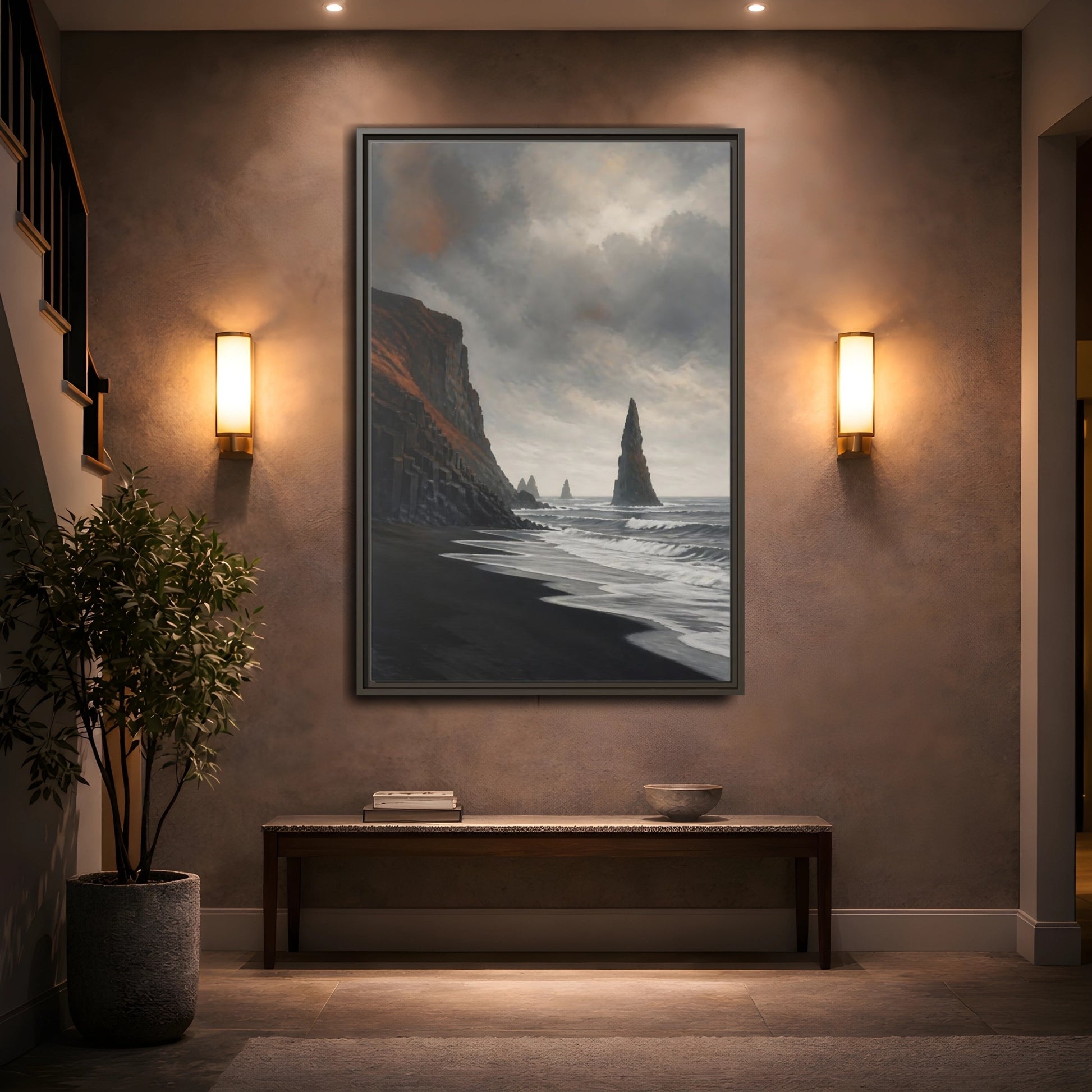 Mockup 2. Sea Stack On Black Beach shown as framed canvas print