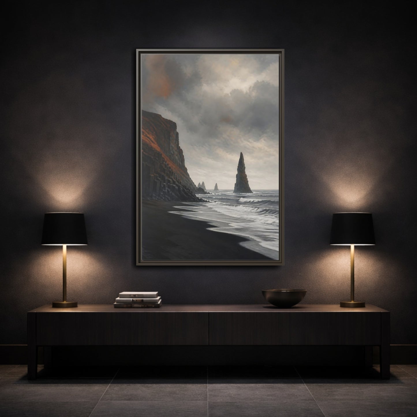 Mockup 3. Sea Stack On Black Beach shown as framed canvas print