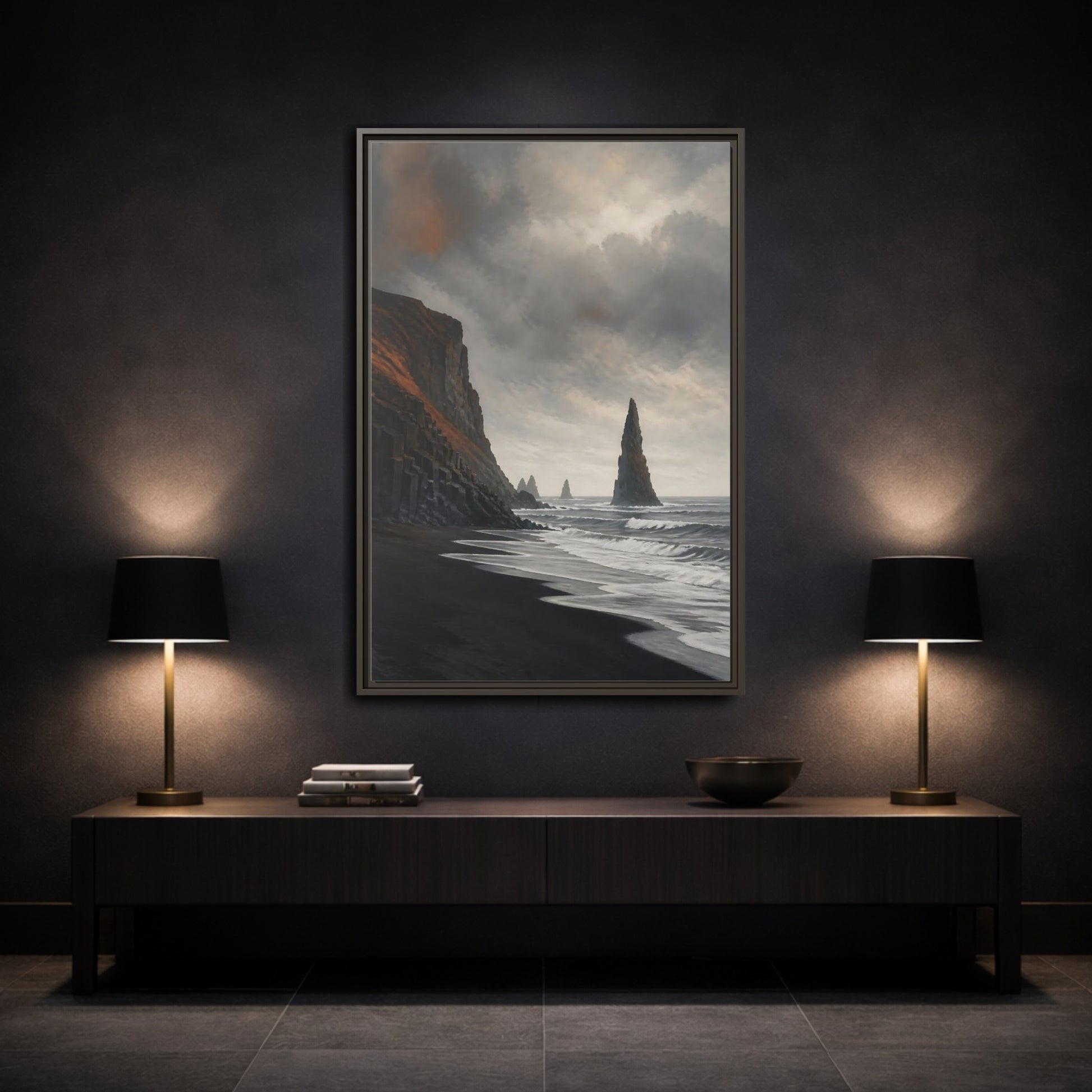 Mockup 3. Sea Stack On Black Beach shown as framed canvas print