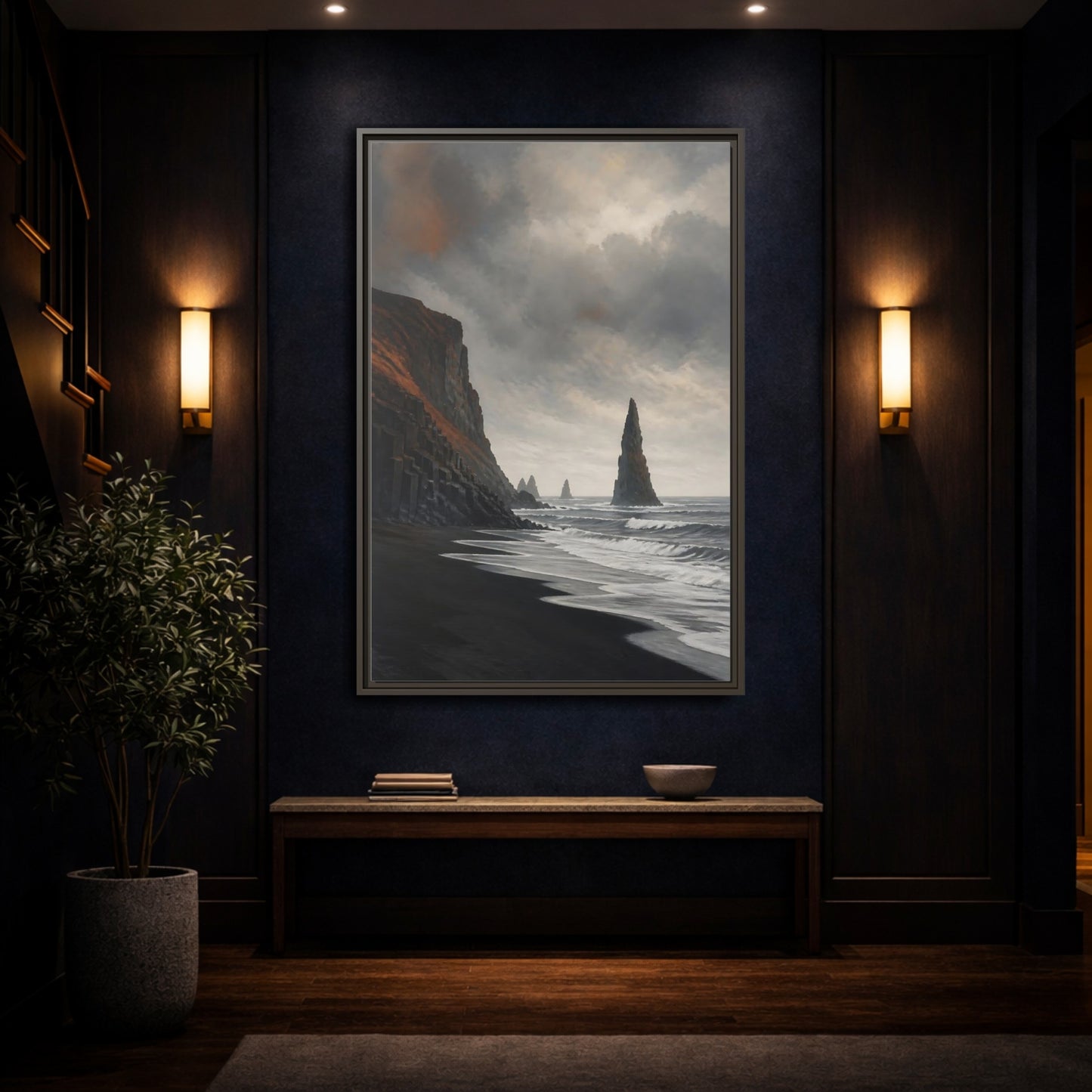 Mockup 4. Sea Stack On Black Beach shown as framed canvas print