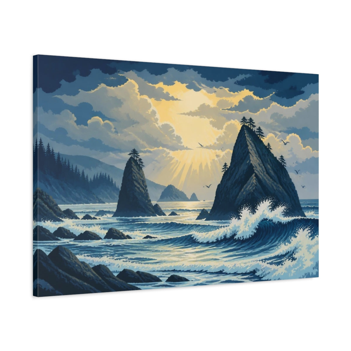 Main Mockup. Sea Stacks Landscape Sunrise shown as canvas print