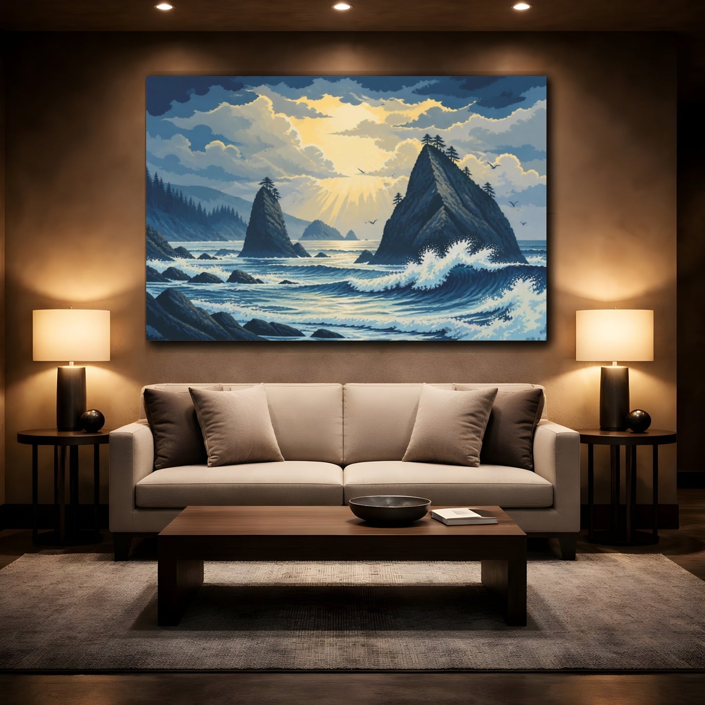Mockup 2. Sea Stacks Landscape Sunrise shown as canvas print