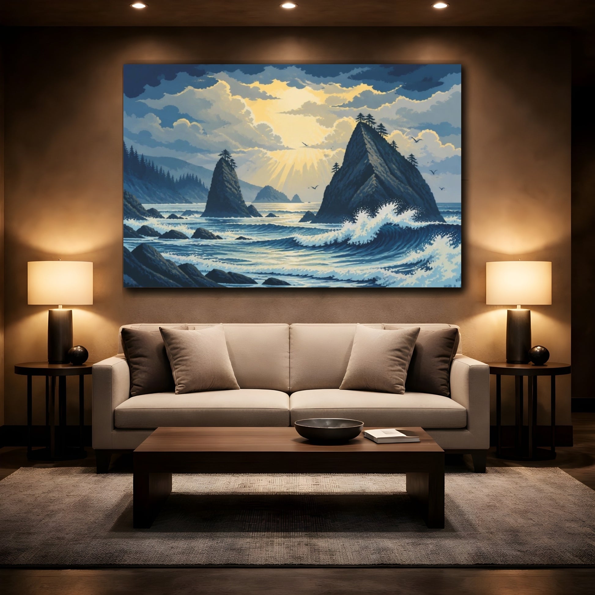 Mockup 2. Sea Stacks Landscape Sunrise shown as canvas print
