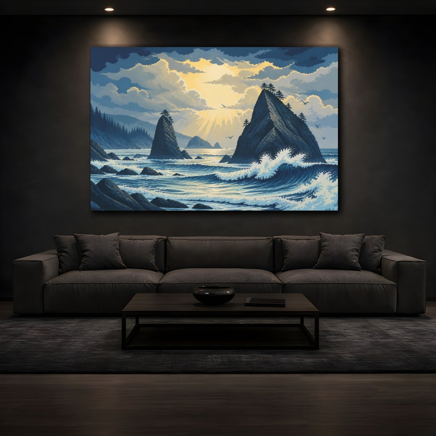 Mockup 3. Sea Stacks Landscape Sunrise shown as canvas print
