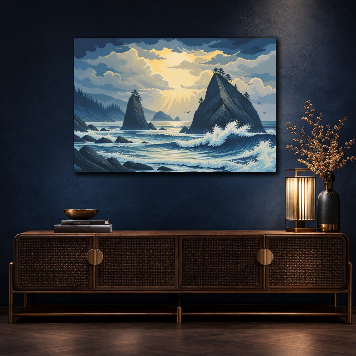 Mockup 4. Sea Stacks Landscape Sunrise shown as canvas print