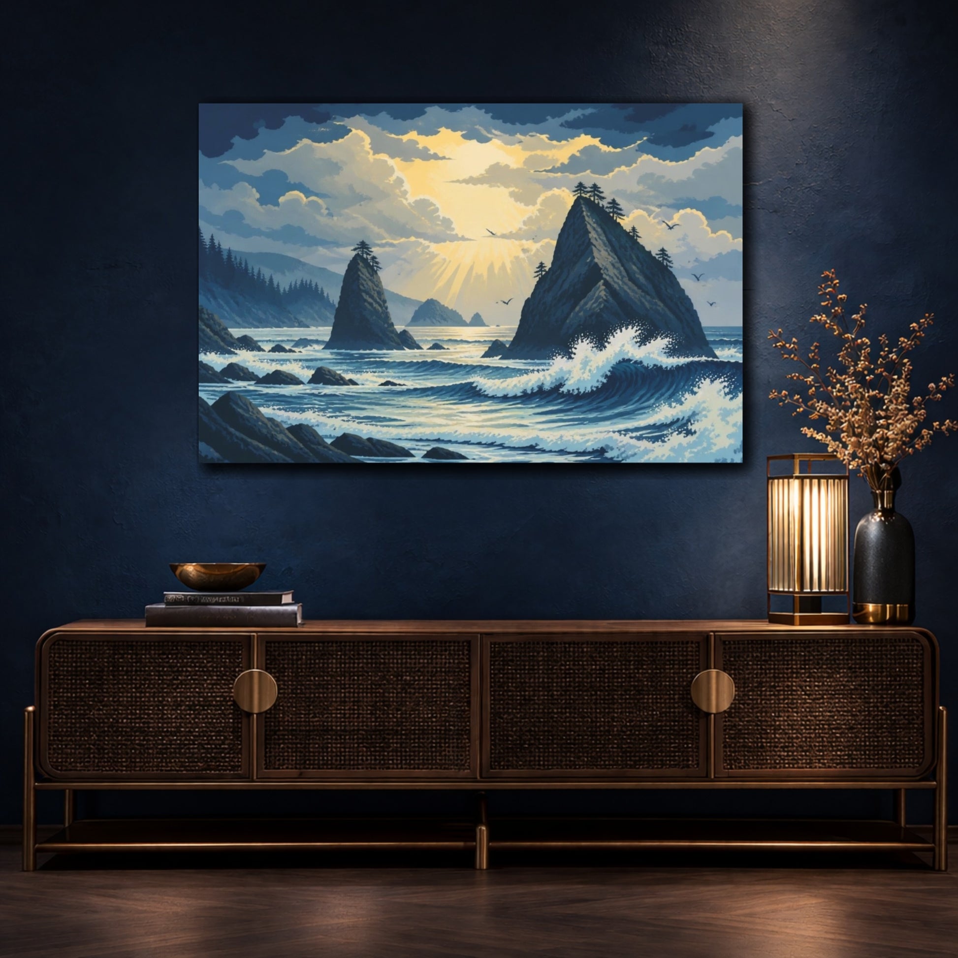 Mockup 4. Sea Stacks Landscape Sunrise shown as canvas print