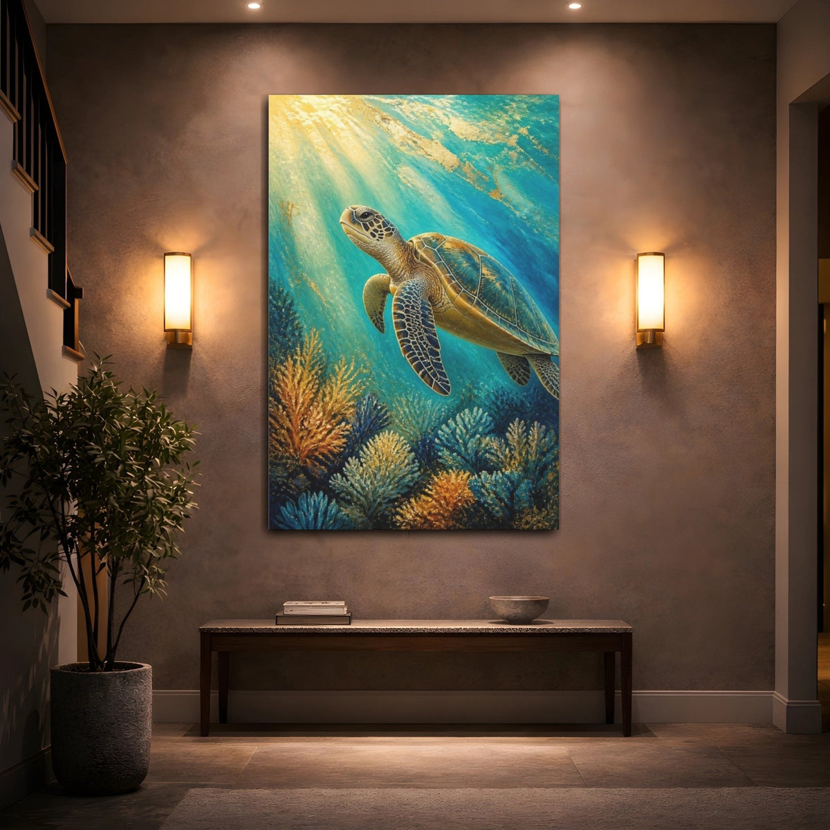 Sea Turtle Animals Canvas Print – Living Room, Above Fireplace, Teal & Gold - YesArtYes