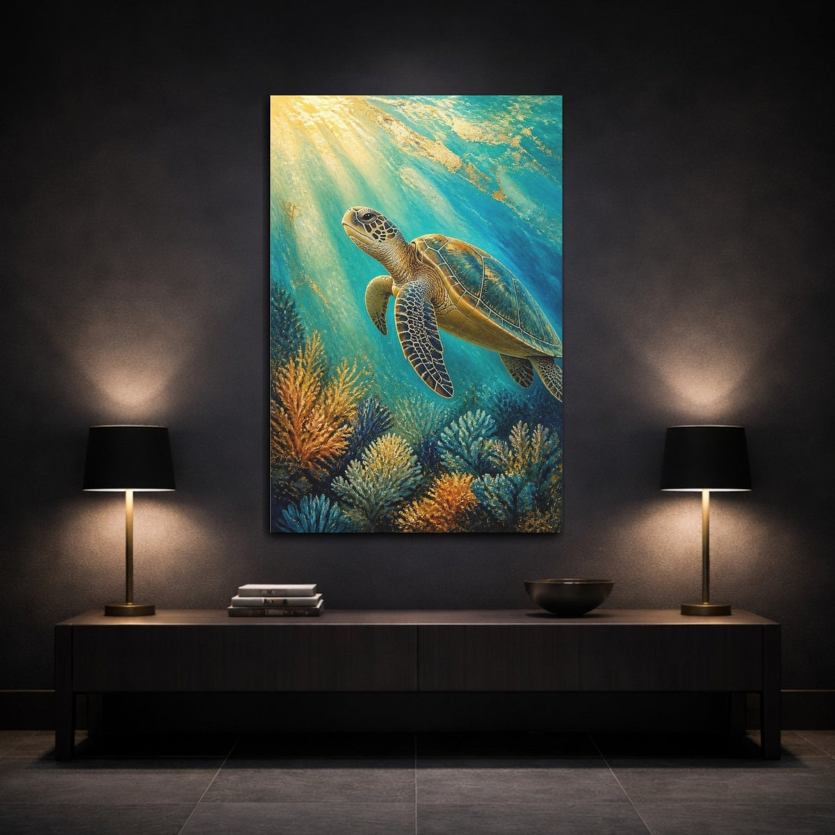 Sea Turtle Animals Canvas Print – Living Room, Above Fireplace, Teal & Gold - YesArtYes