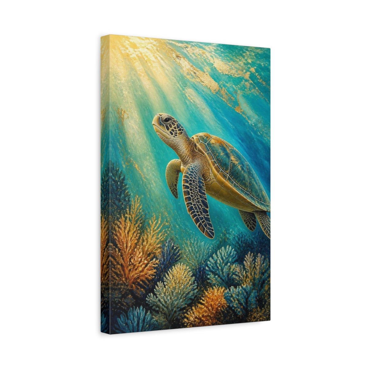 Sea Turtle Animals Canvas Print – Living Room, Above Fireplace, Teal & Gold - YesArtYes